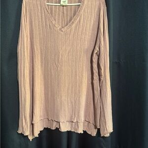 Elegant Mauve V-Neck Ribbed Long Sleeve Top